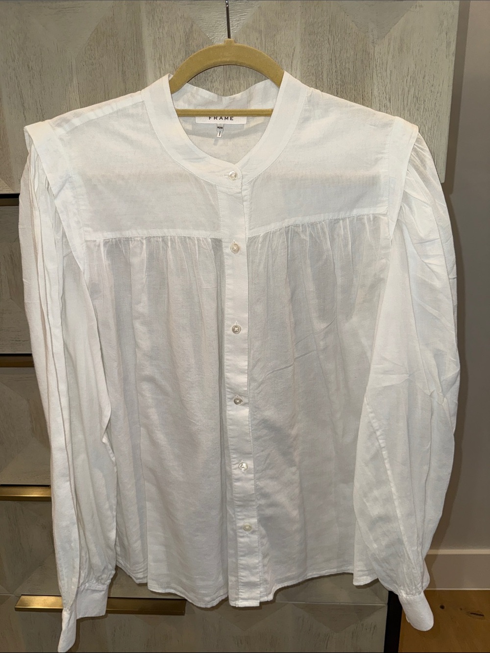 Frame Cotton White Gathered Front Button-Up Shirt